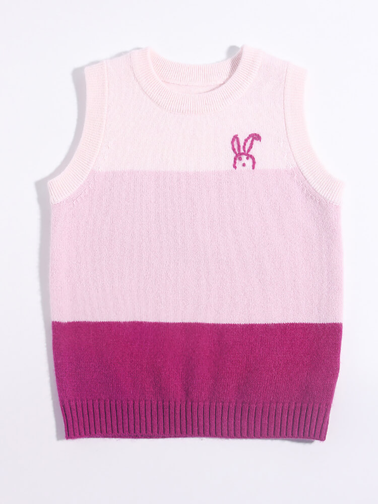 Girls Pink Gradient Colorblock Bunny Embroidered Cashmere Vest